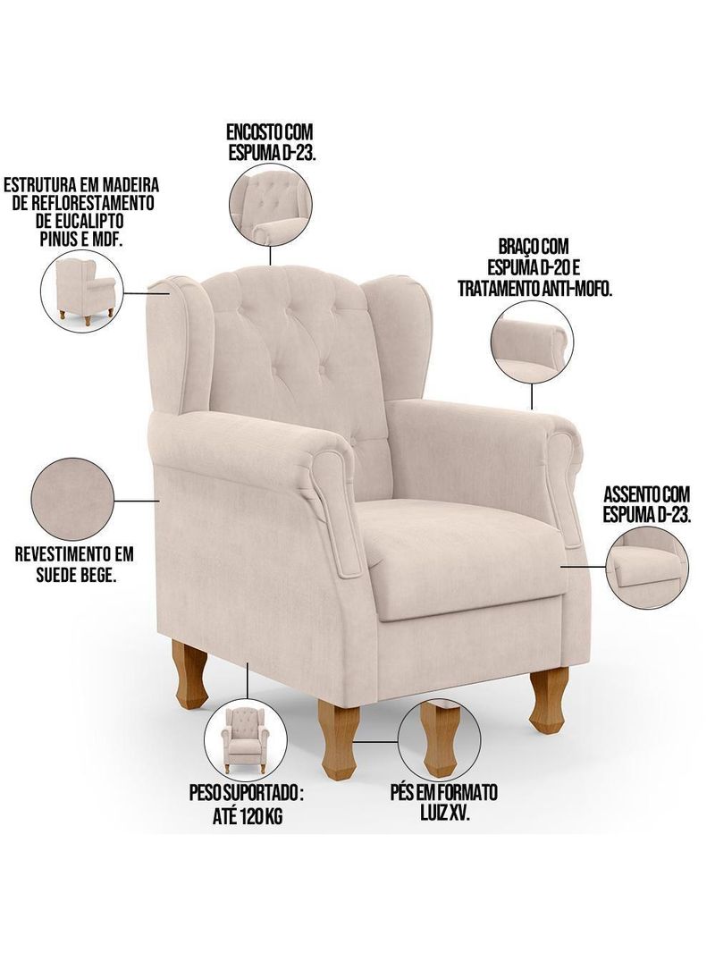 Poltrona Yara P02 Com Puff Paris Luis Xv Suede Bege