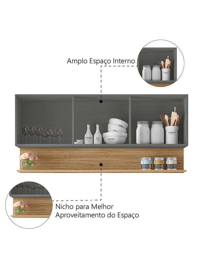 Armário Aéreo de Cozinha 3 Portas com Nicho 1,50m Line – Kit's Paraná – Madeirado / Grafite