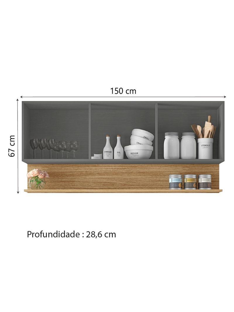 Armário Aéreo de Cozinha 3 Portas com Nicho 1,50m Line – Kit's Paraná – Madeirado / Grafite