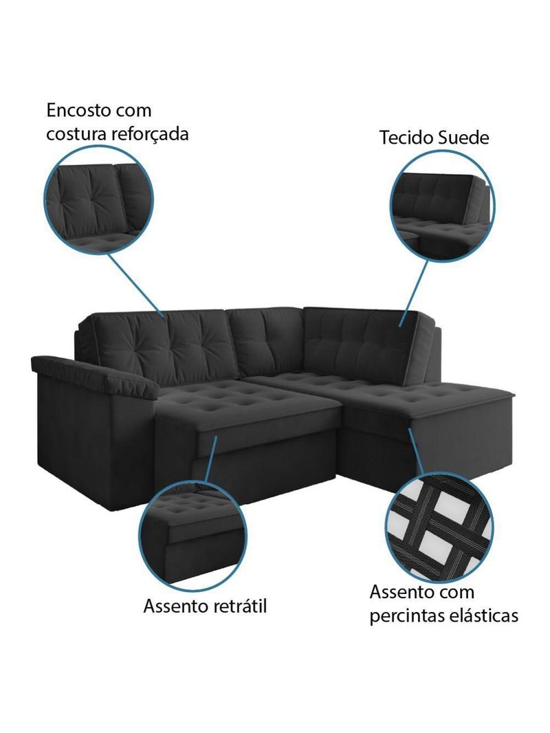 Sofá De Canto Retrátil 5 Lugares Grécia Cinza Suede