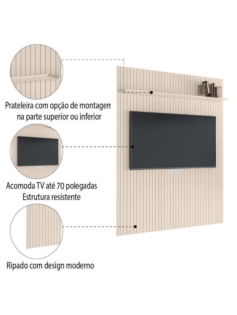 Painel Para TV Até 70 Polegadas 1,80x2,40m Ripado Com Prateleira Arbo Off White EDN
