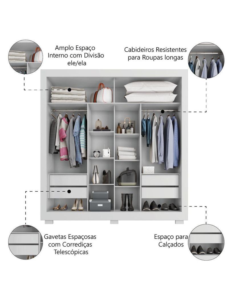 Guarda Roupas Casal com Espelho 2 Portas de Correr 4 Gavetas Titanium Zanzini Branco
