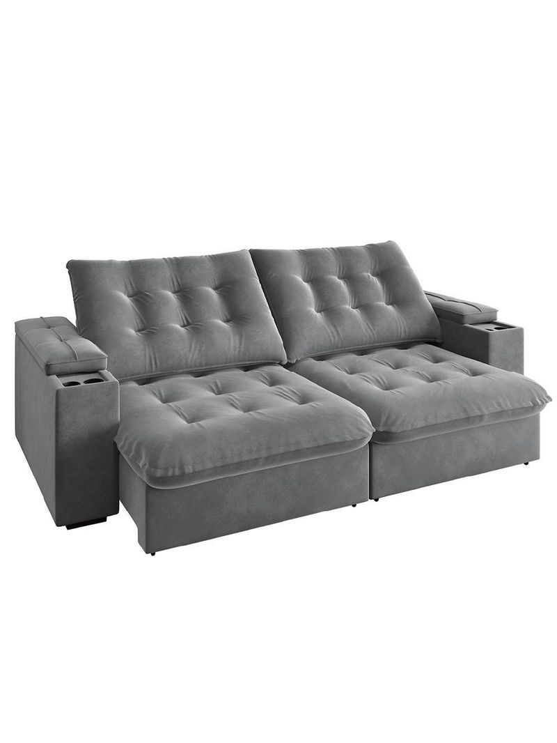 Sofá Retrátil E Reclinável 3 Lugares 2,30m Com Porta Copos Veludo New Coliseu Selmer Cinza