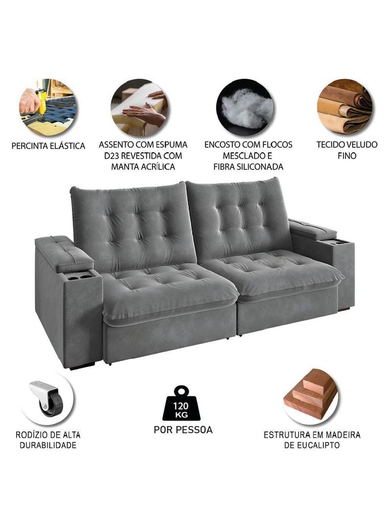 Sofá Retrátil E Reclinável 3 Lugares 2,30m Com Porta Copos Veludo New Coliseu Selmer Cinza