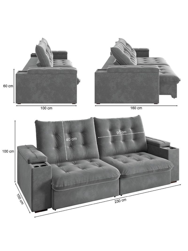 Sofá Retrátil E Reclinável 3 Lugares 2,30m Com Porta Copos Veludo New Coliseu Selmer Cinza
