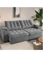 Sofá Retrátil E Reclinável 3 Lugares 2,30m Com Porta Copos Veludo New Coliseu Selmer Cinza