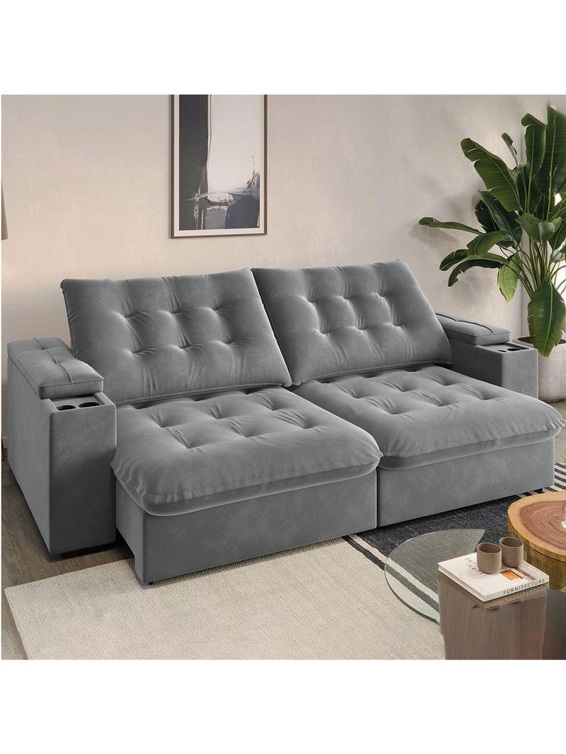 Sofá Retrátil E Reclinável 3 Lugares 2,30m Com Porta Copos Veludo New Coliseu Selmer Cinza