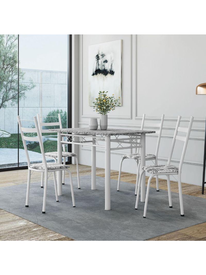 Conjunto De Mesa Sala De Jantar Com 4 Cadeiras Leia Tubular Granito 1,20m Artefamol Branco / Floral