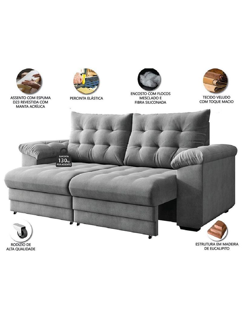 Sofá Retrátil e Reclinável Bipartido 3 Lugares 2,30m Suede Veludo Coliseu Selmer