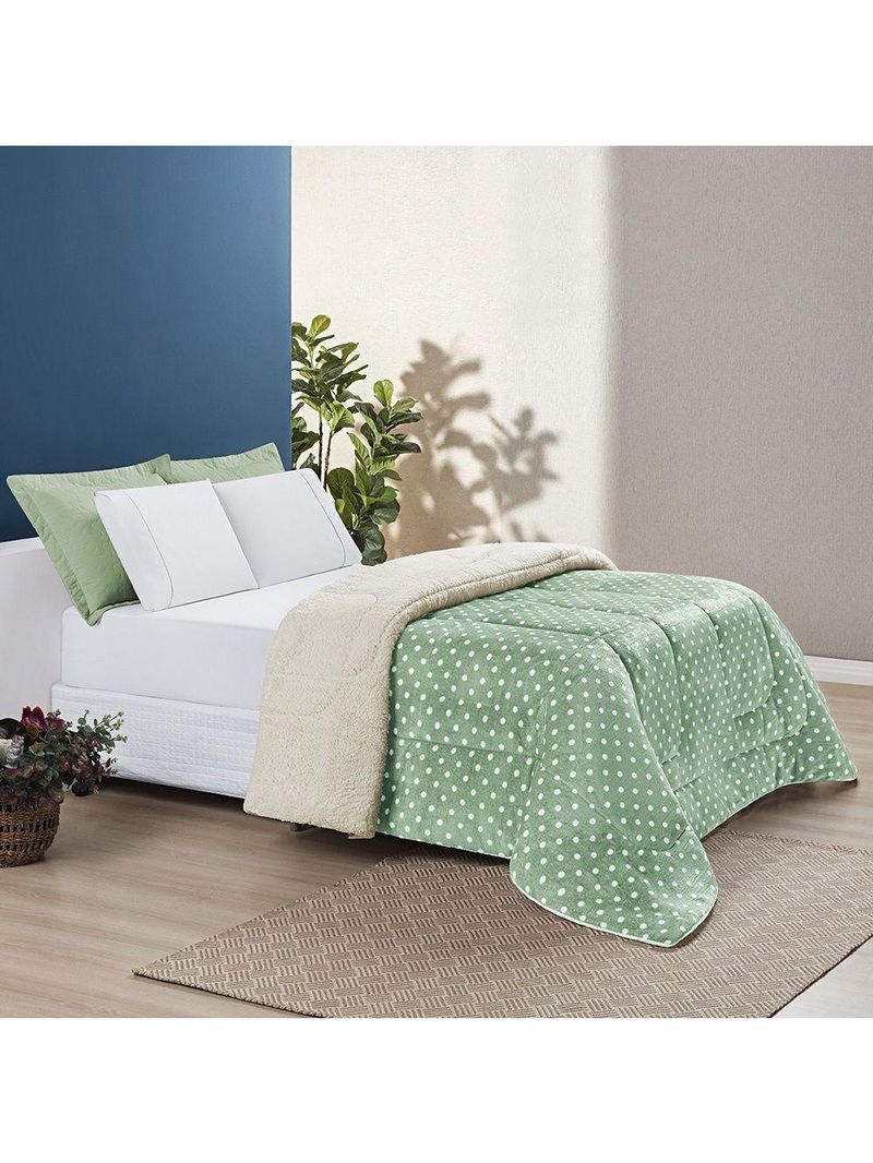 Coberdrom desenvolvido na cor Estampado Sherpa E Flannel Petit Poá King 01 Peça Manta Alta 150g - Salvia