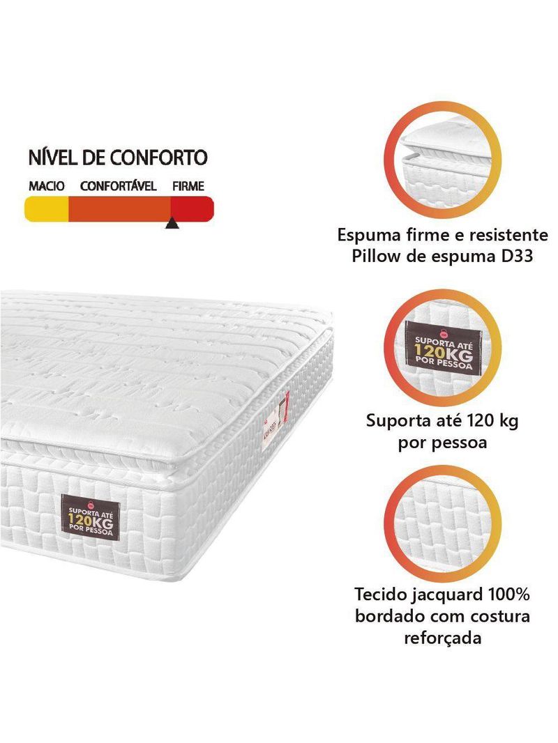 Colchão Casal Espuma D33 Pillow Top Van Gogh 138x188x24cm Branco Hellen-suporta Até 120 Kg Branco