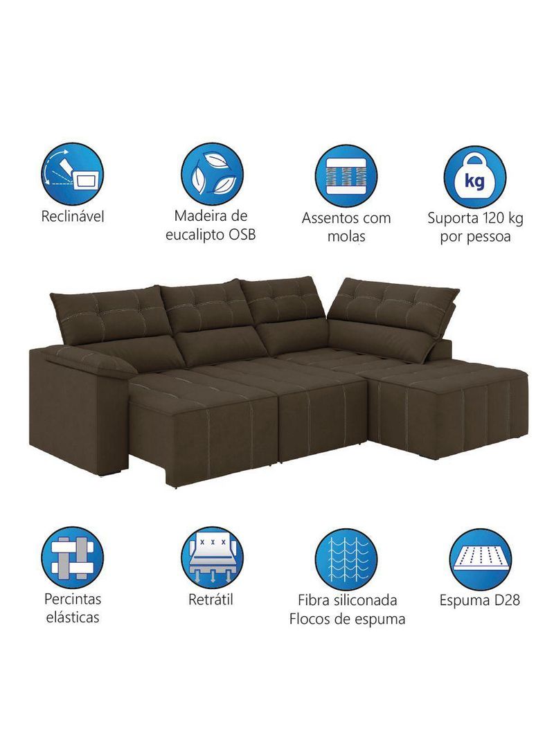 Sofá De Canto Retrátil E Reclinável 4 Lugares Santorini Veludo Luizzi Marrom