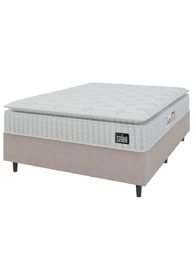 Cama Box Casal Colchão Espuma D45 Lazio Pillow Top 138x188x62cm Suede Branco/bege Hellen