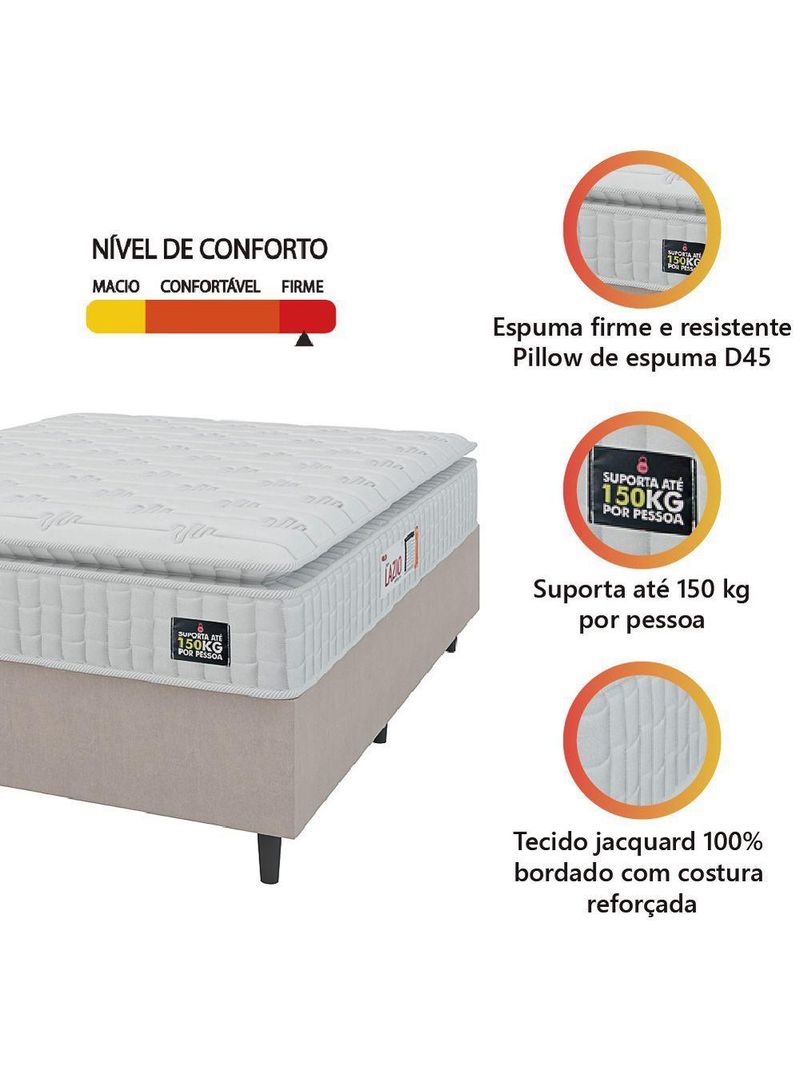 Cama Box Casal Colchão Espuma D45 Lazio Pillow Top 138x188x62cm Suede Branco/bege Hellen