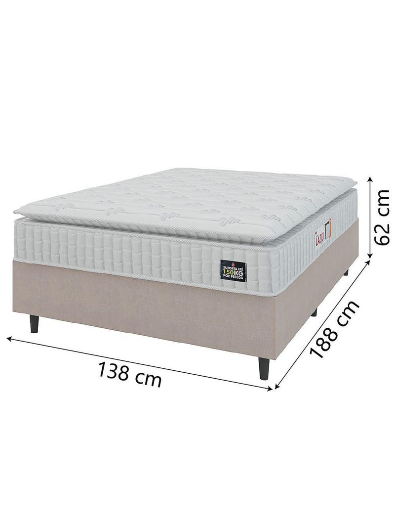 Cama Box Casal Colchão Espuma D45 Lazio Pillow Top 138x188x62cm Suede Branco/bege Hellen