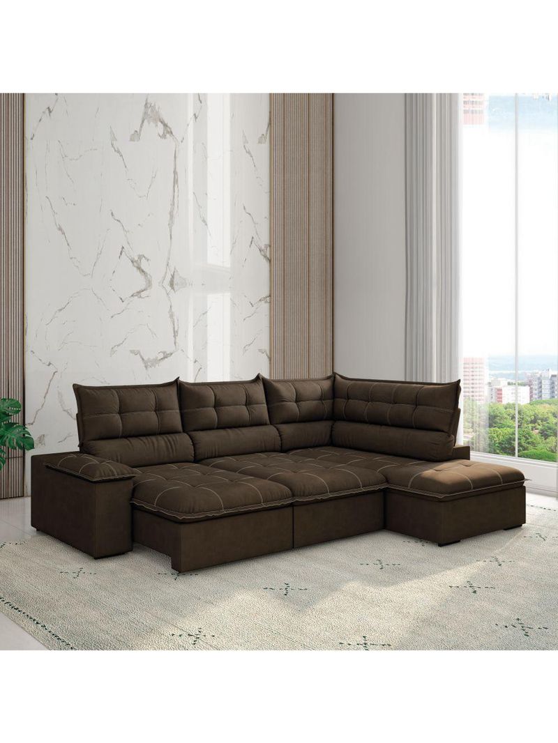 Sofá Bipartido Retrátil E Reclinável 5 Lugares Veludo Fofão Marrom Luizzi