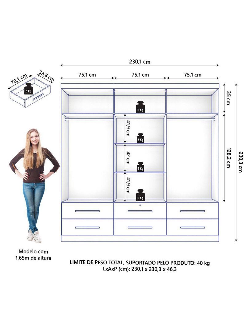Guarda Roupas Casal 6 Portas 6 Gavetas Maximus Zanzini Madeirado