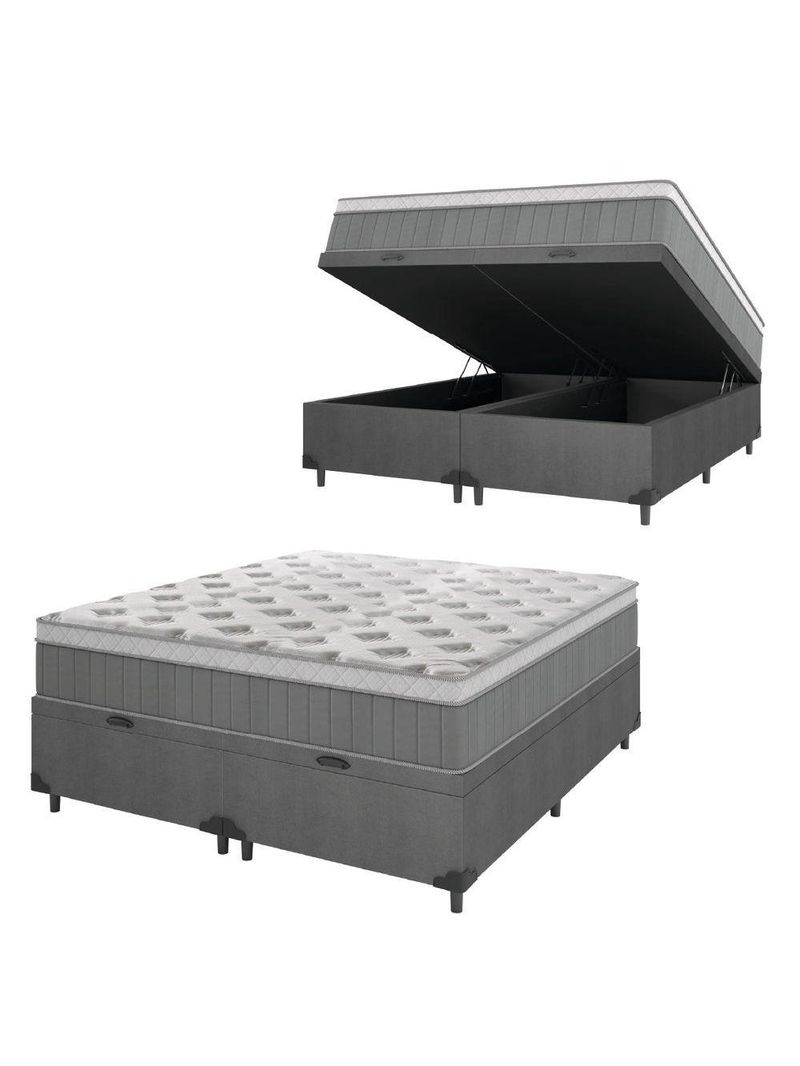 Cama Box Baú Casal Queen Colchão Molas Ensacadas ômega 158x198x73cm Cinza / Branco