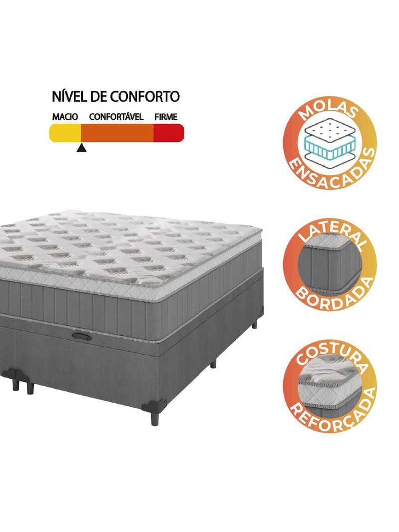 Cama Box Baú Casal Queen Colchão Molas Ensacadas ômega 158x198x73cm Cinza / Branco
