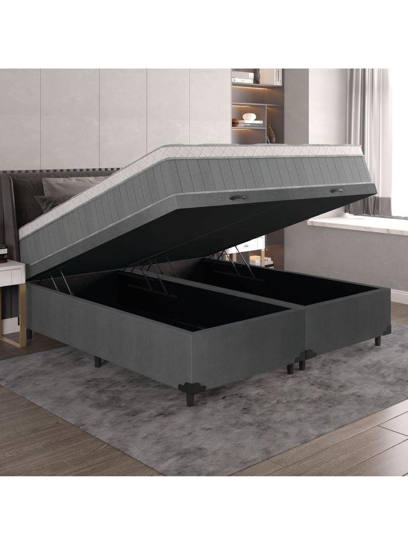 Cama Box Baú Casal Queen Colchão Molas Ensacadas ômega 158x198x73cm Cinza / Branco