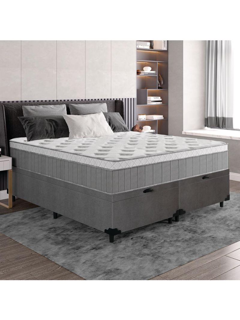 Cama Box Baú Casal Queen Colchão Molas Ensacadas ômega 158x198x73cm Cinza / Branco