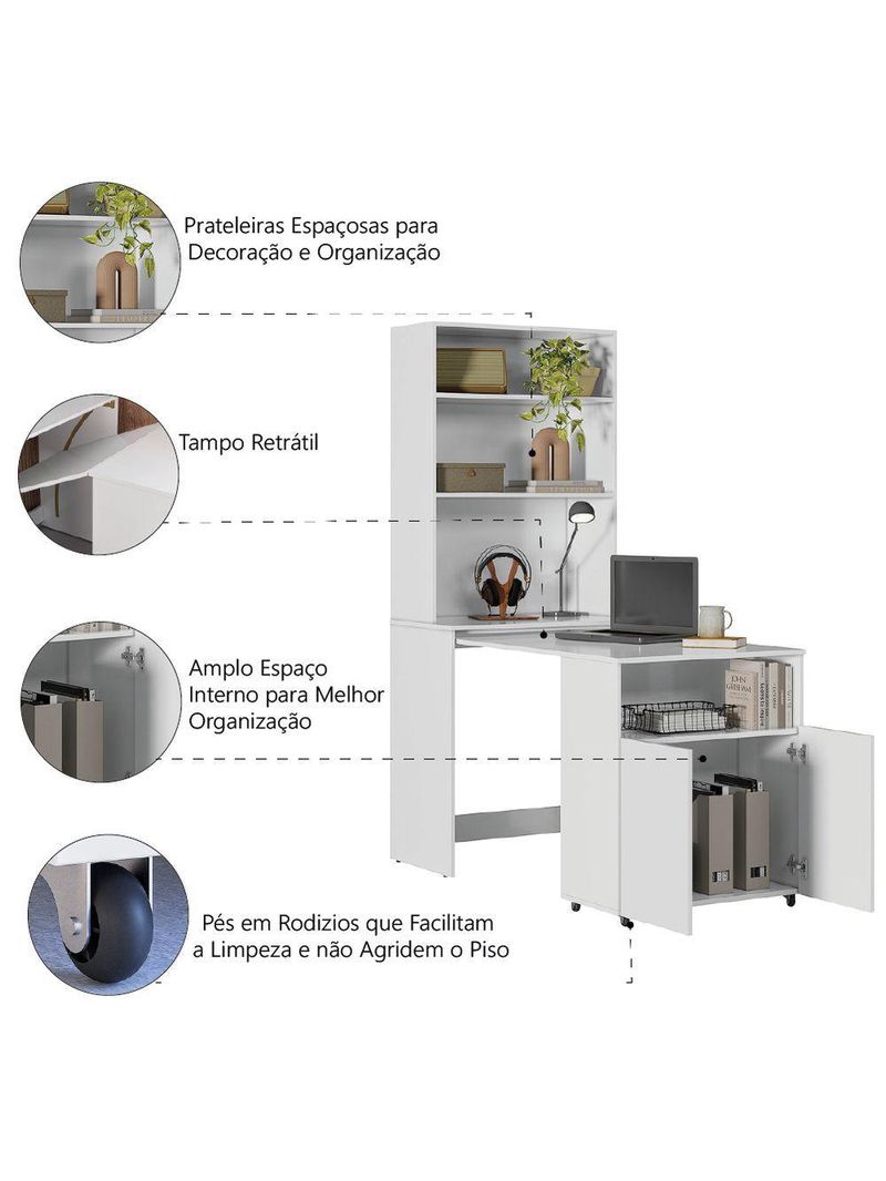 Armário Multifuncional Com Escrivaninha Retrátil Branco