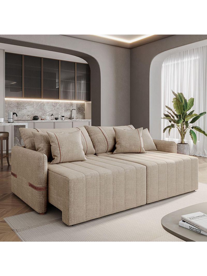 Sofá Retrátil Sem Caixa 3 Lugares 2,20m Com Almofadas Linho My Life Bex's Bege