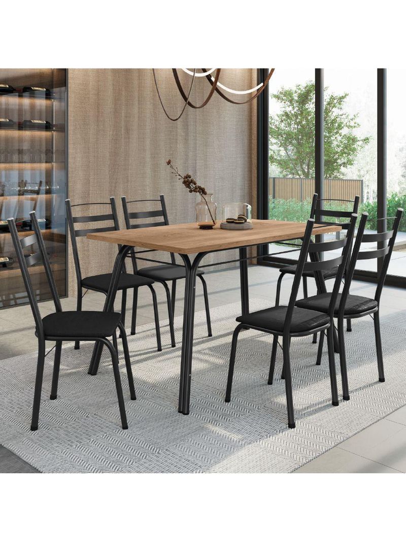 Conjunto De Mesa Sala De Jantar Com 6 Cadeiras Tubular Tampo Bp Madeirado Retangular 1,36m Preto