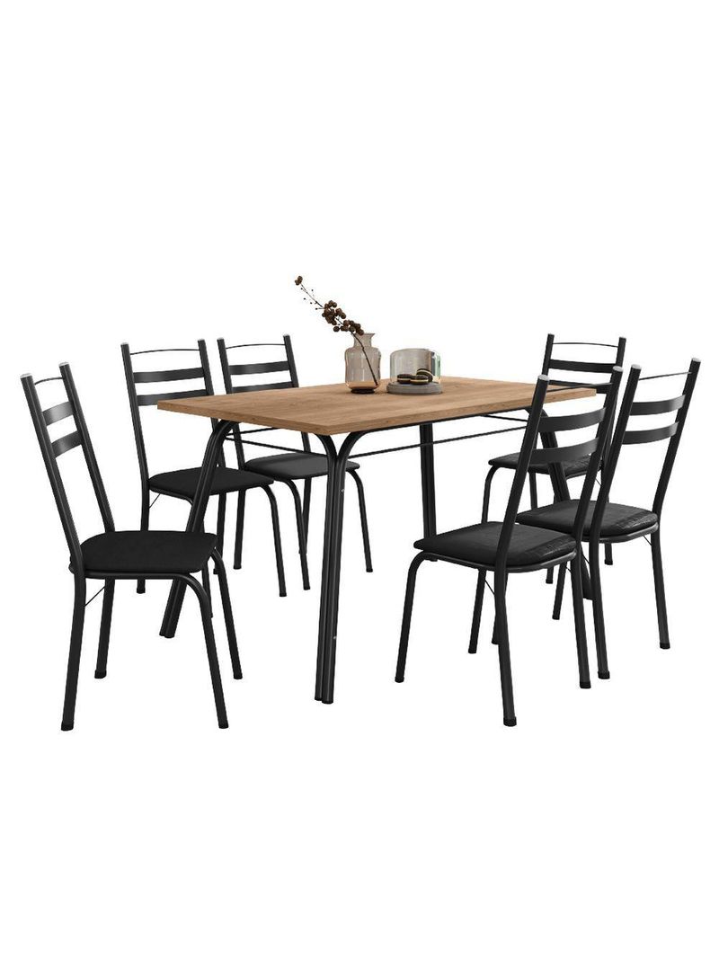 Conjunto De Mesa Sala De Jantar Com 6 Cadeiras Tubular Tampo Bp Madeirado Retangular 1,36m Preto