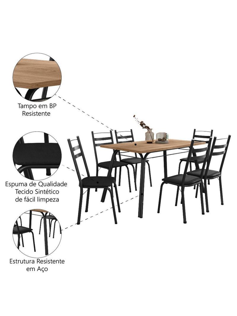 Conjunto De Mesa Sala De Jantar Com 6 Cadeiras Tubular Tampo Bp Madeirado Retangular 1,36m Preto