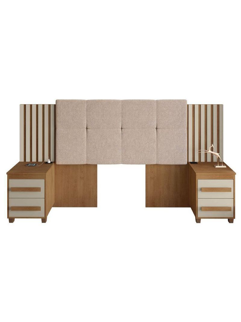 Cabeceira Casal Extensível Com 2 Mesas De Apoio Ripado E Estofado Cinamomo/Off White Suíça