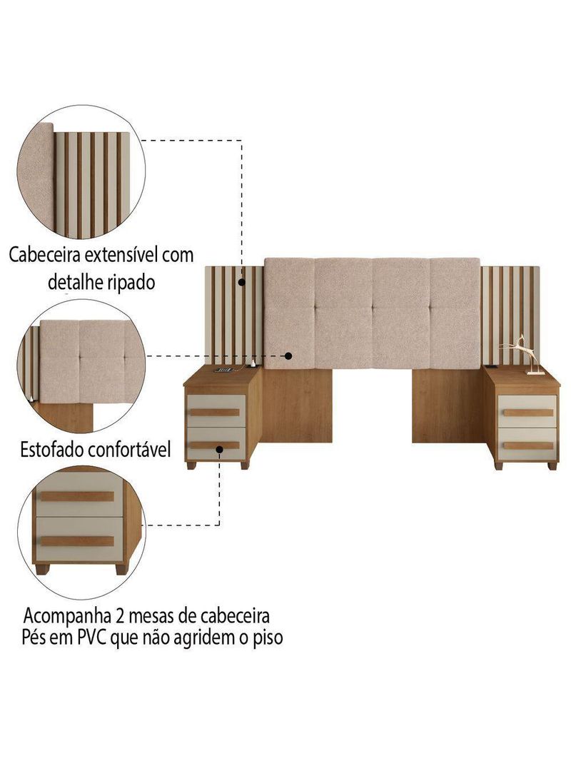 Cabeceira Casal Extensível Com 2 Mesas De Apoio Ripado E Estofado Cinamomo/Off White Suíça