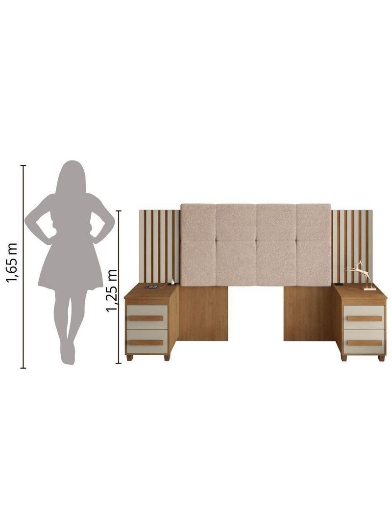 Cabeceira Casal Extensível Com 2 Mesas De Apoio Ripado E Estofado Cinamomo/Off White Suíça