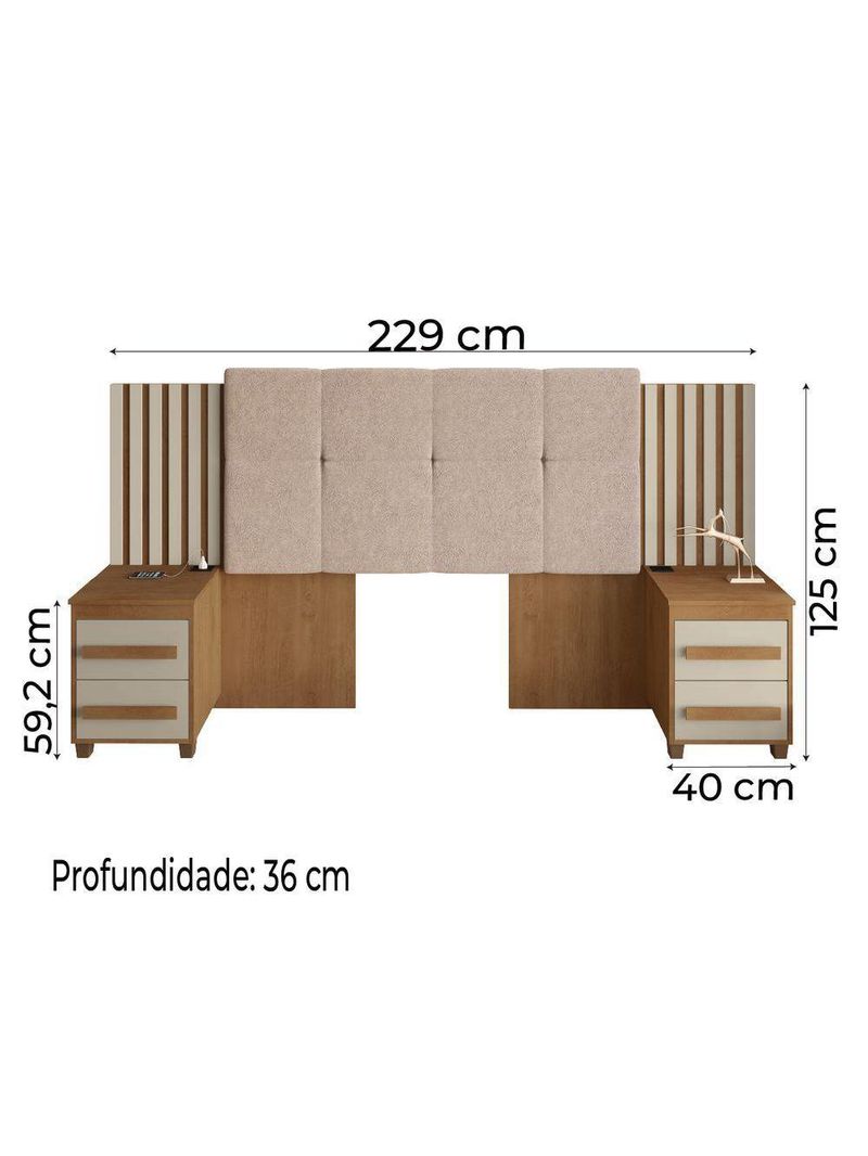 Cabeceira Casal Extensível Com 2 Mesas De Apoio Ripado E Estofado Cinamomo/Off White Suíça
