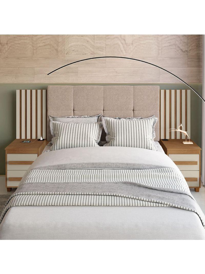Cabeceira Casal Extensível Com 2 Mesas De Apoio Ripado E Estofado Cinamomo/Off White Suíça