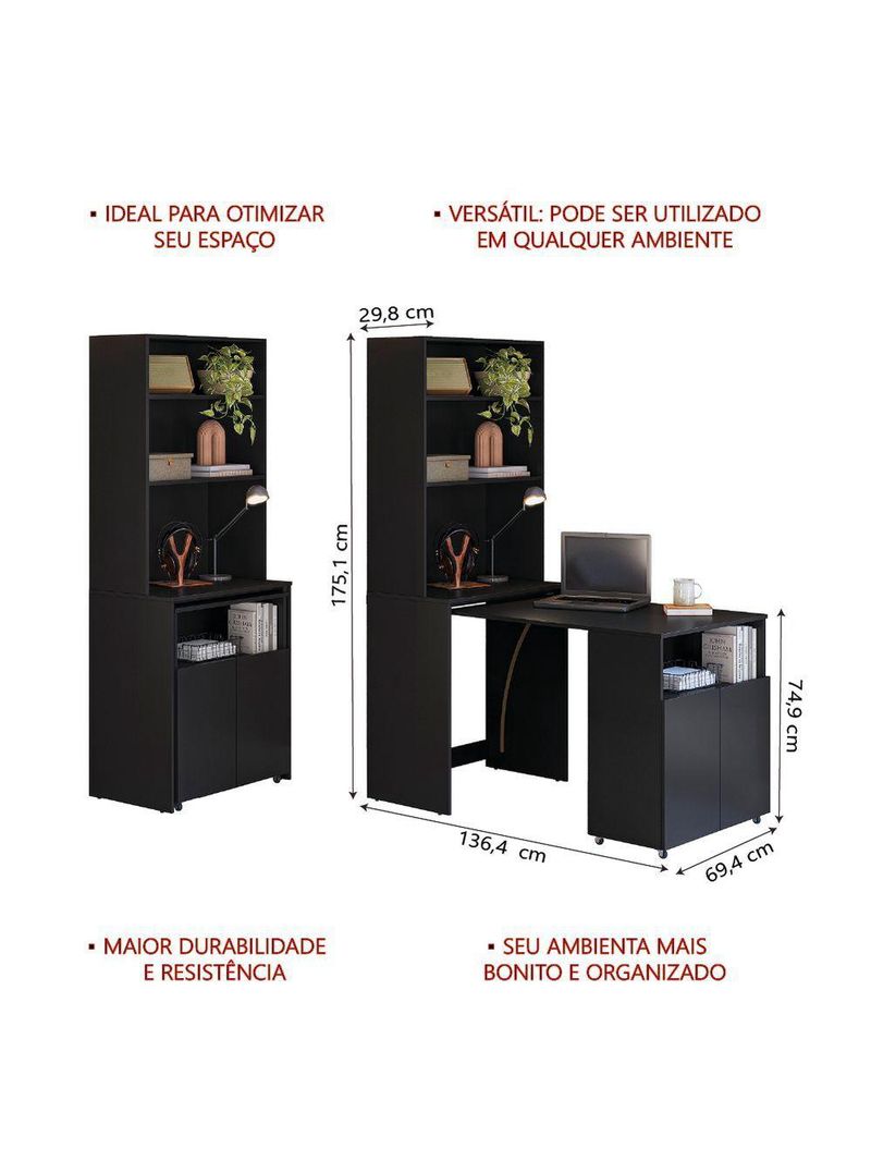 Armário Multifuncional Com Escrivaninha Retrátil Preto