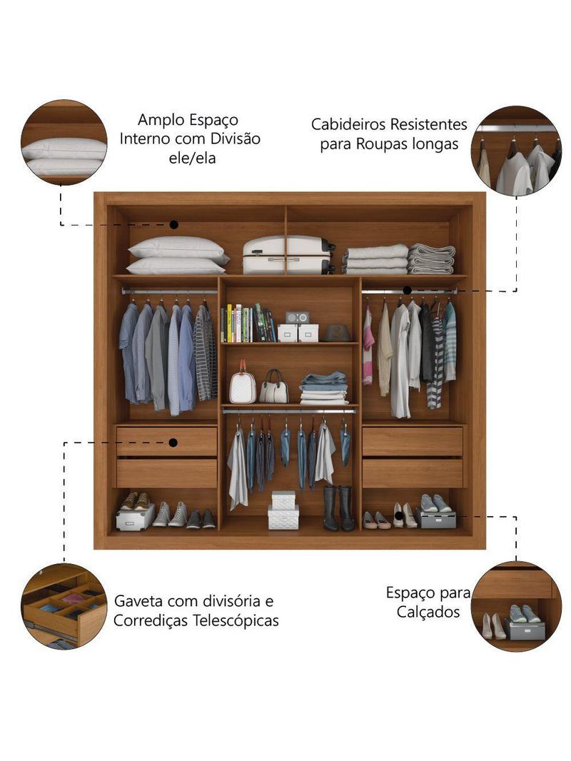 Guarda Roupas Casal Ripado 2 Portas De Correr 4 Gavetas Trianon Zanzini Areia/madeirado