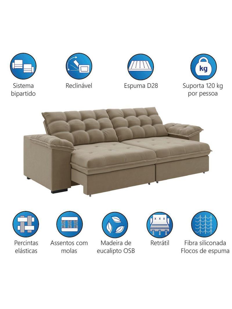 Sofá Retrátil E Reclinável Bipartido 2,90m 5 Lugares Palermo Slim Luizzi Castor