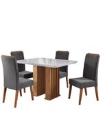 Conjunto De Mesa Sala De Jantar Ripado Tampo Com Vidro Mond 1,20m 4 Cadeiras Sofia Veludo Madeirado / Cinza
