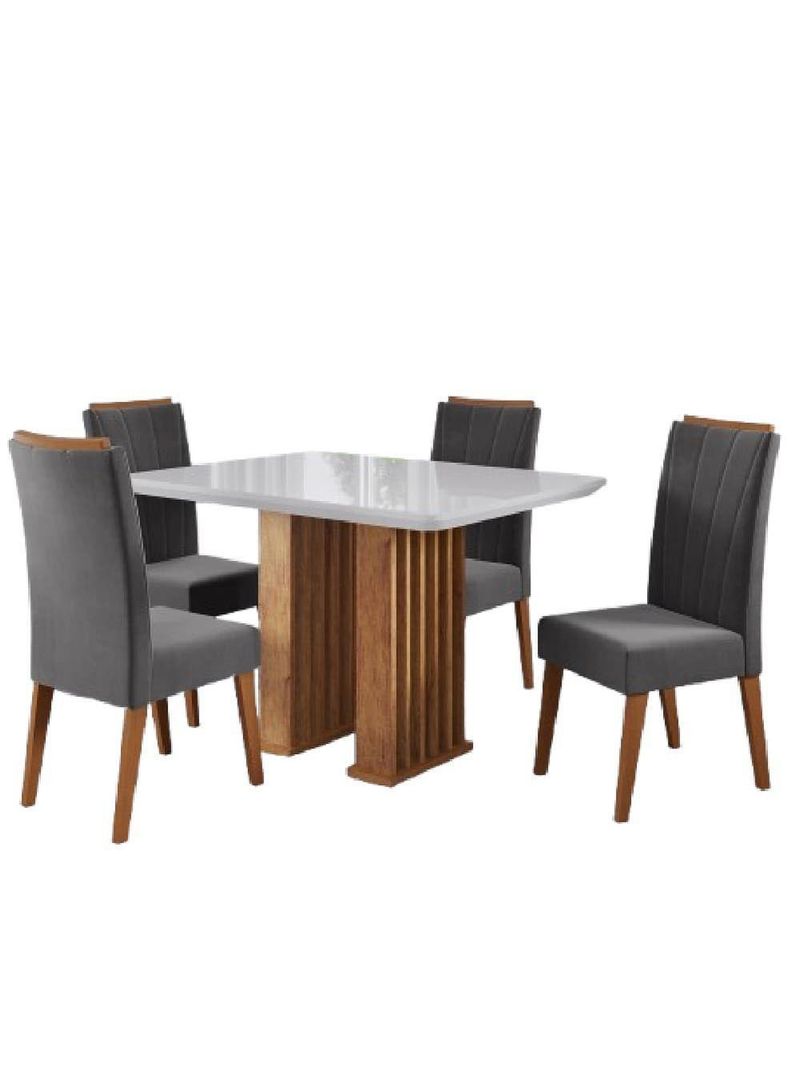 Conjunto De Mesa Sala De Jantar Ripado Tampo Com Vidro Mond 1,20m 4 Cadeiras Sofia Veludo Madeirado / Cinza