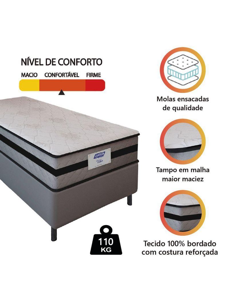 Cama Box Solteiro Gazin Com Molas Ensacadas Vibe Cinza/Preto