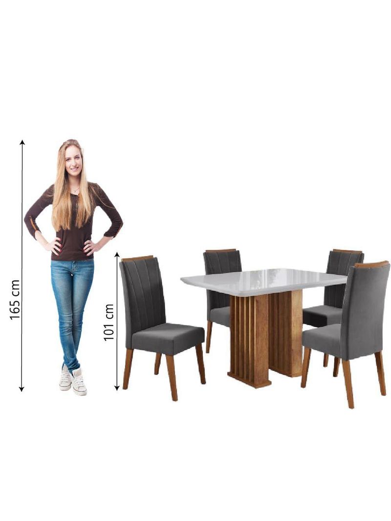 Conjunto De Mesa Sala De Jantar Ripado Tampo Com Vidro Mond 1,20m 4 Cadeiras Sofia Veludo Madeirado / Cinza