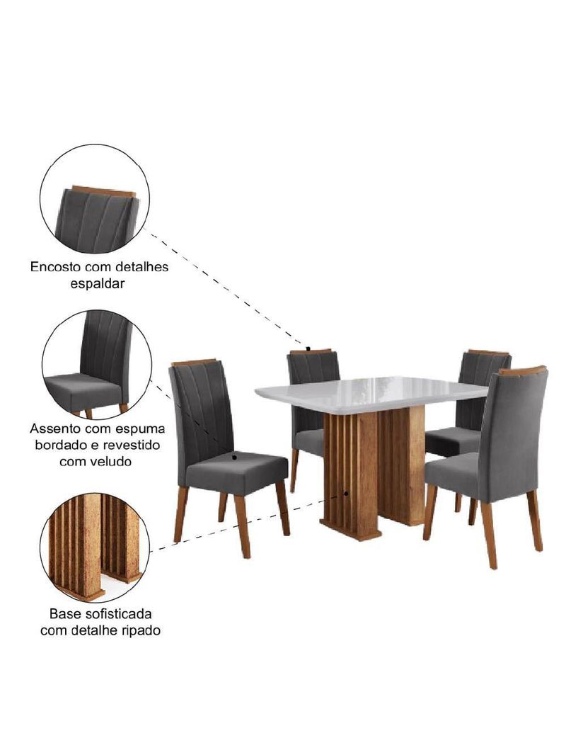 Conjunto De Mesa Sala De Jantar Ripado Tampo Com Vidro Mond 1,20m 4 Cadeiras Sofia Veludo Madeirado / Cinza