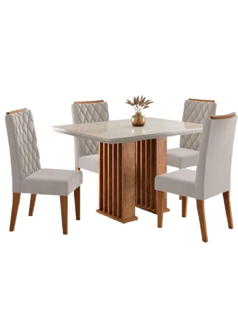 Conjunto De Mesa Sala De Jantar Tampo Com Vidro Mond 1,20m 4 Cadeiras Bele Veludo Viero Madeirado
