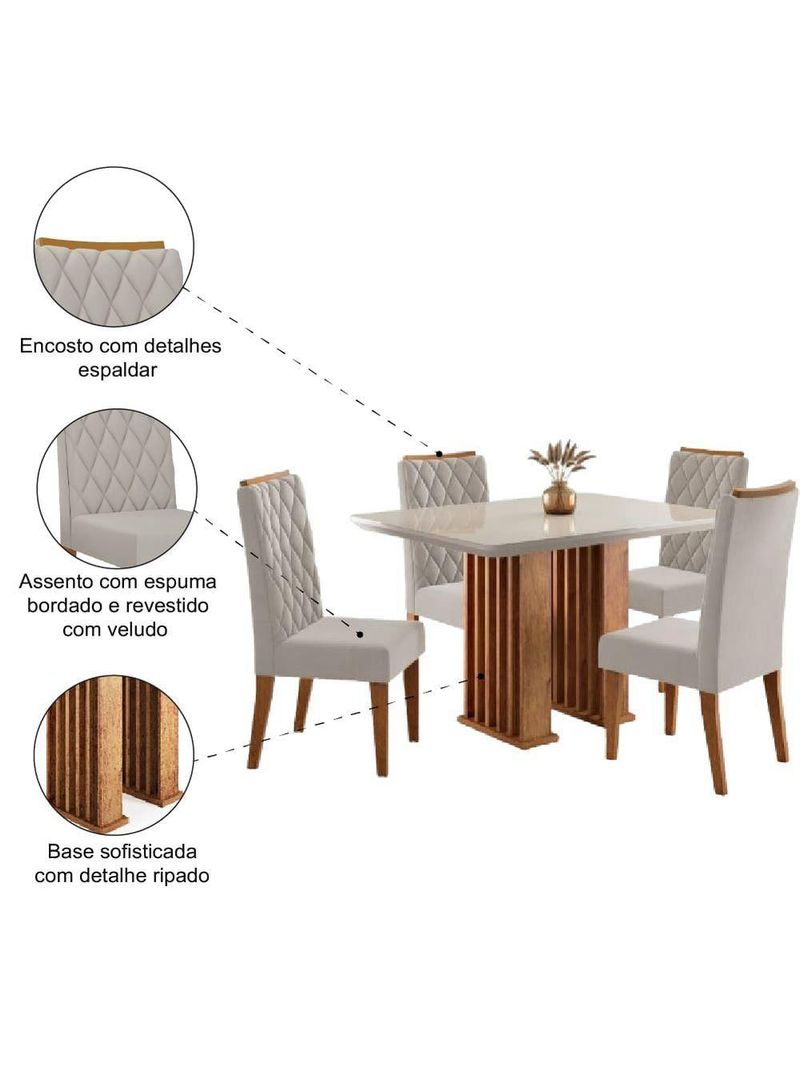 Conjunto De Mesa Sala De Jantar Tampo Com Vidro Mond 1,20m 4 Cadeiras Bele Veludo Viero Madeirado