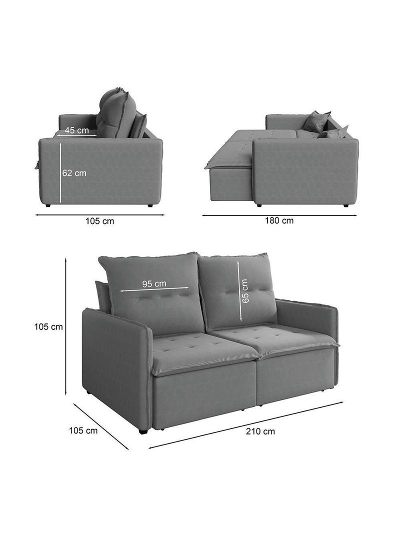 Sofá Cama Retrátil e Reclinável 2,10m 3 Lugares Bipartido Com Molas Glamour Veludo Cinza Selmer
