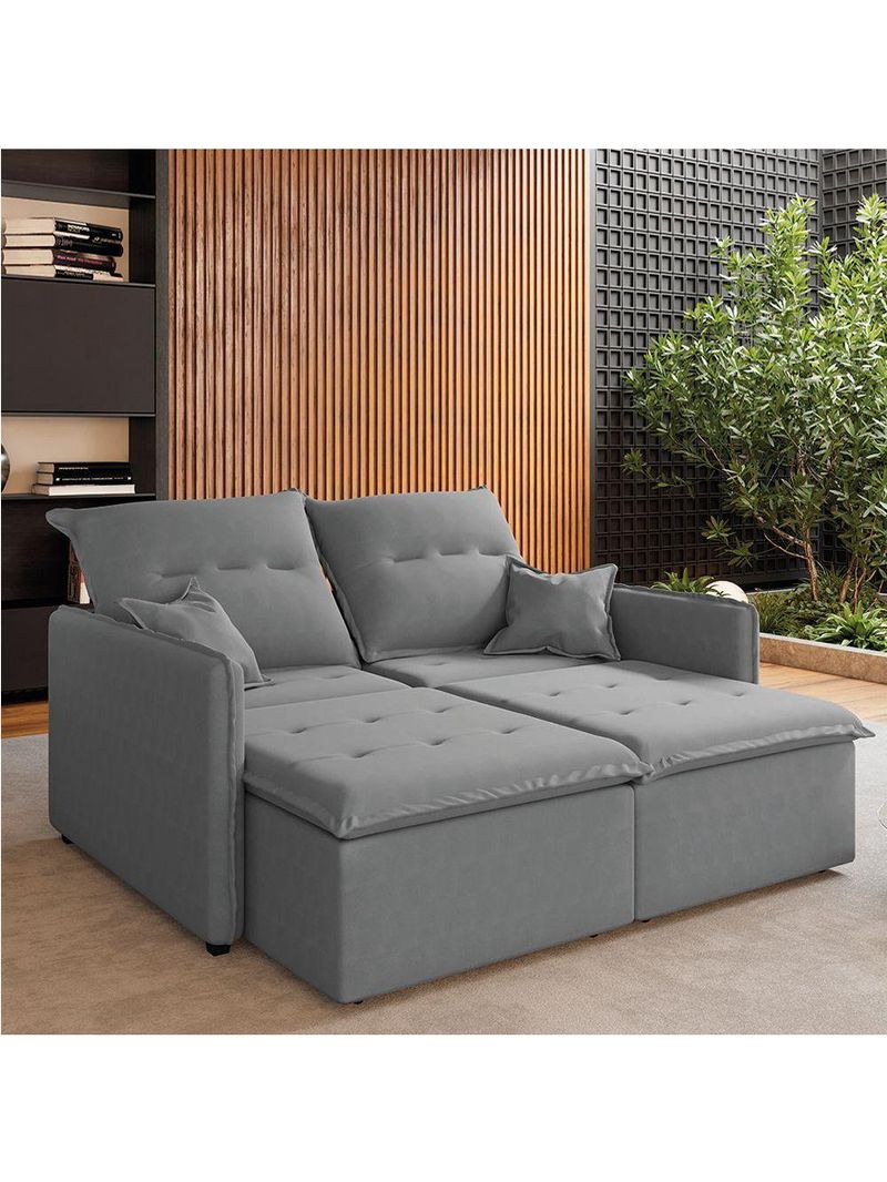 Sofá Cama Retrátil e Reclinável 2,10m 3 Lugares Bipartido Com Molas Glamour Veludo Cinza Selmer