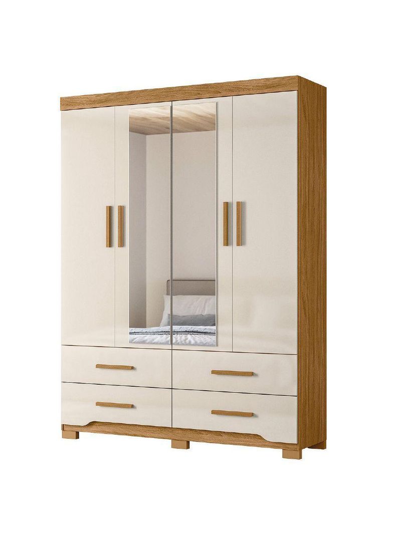 Guarda Roupas Casal Com Espelho 4 Portas 4 Gavetas Miami Madeirado Off White