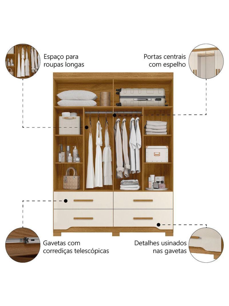 Guarda Roupas Casal Com Espelho 4 Portas 4 Gavetas Miami Madeirado Off White
