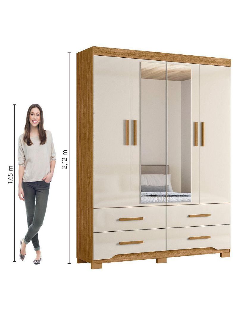 Guarda Roupas Casal Com Espelho 4 Portas 4 Gavetas Miami Madeirado Off White
